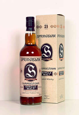 A bottle of Springbank 21 y.o. with its box