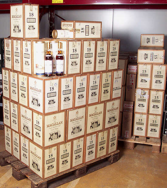 A pallet of Macallan 18 y.o. with two bottles on top