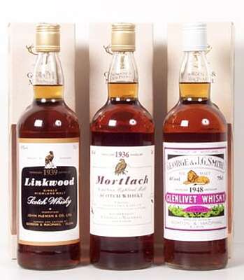 A picture of a bottle of Linkwood, Mortlach 1936 and Glenlivet 1948